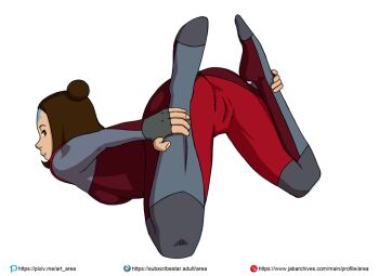  area_(artist) artist_name ass avatar_legends bodysuit bound_puppy_pose breasts brown_eyes brown_hair cameltoe commentary commission english_commentary fingerless_gloves forehead_tattoo gloves grey_gloves hair_bun holding_own_leg jinora looking_at_viewer medium_breasts medium_hair pixiv_logo pixiv_username red_bodysuit subscribestar_logo subscribestar_username tattoo the_legend_of_korra top-down_bottom-up white_background 