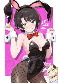  2girls :d absurdres alternate_costume bare_shoulders black_hair black_leotard black_nails black_pantyhose blue_eyes blush bow bowtie breasts cleavage commentary_request contrapposto covered_navel curio_(curiofinity) detached_collar fake_tail fishnet_pantyhose fishnets gluteal_fold grin hands_up highres hololive leotard looking_at_another looking_at_viewer medium_breasts multiple_girls nail_polish oozora_subaru open_mouth pantyhose playboy_bunny rabbit_tail red_bow red_bowtie short_hair smile solo_focus strapless strapless_leotard swept_bangs tail traditional_bowtie tsunomaki_watame virtual_youtuber white_leotard wrist_cuffs 