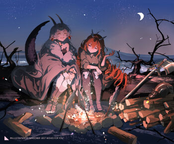 2girls :d blanket brown_shirt campfire commentary_request crescent_moon dragon_girl dragon_tail earrings fish_(food) highres jewelry log long_hair ming_qi_bibi moon mountainous_horizon multiple_girls night open_mouth original outdoors pointy_ears red_hair roasting shirt sitting sky smile sword tail unworn_armor very_long_hair weapon white_hair
