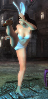  1girl 3d absurdres alley animal_ears aura bandeau bare_legs bare_shoulders black_hair bra breasts cameltoe cleavage dead_or_alive dead_or_alive_5 dead_or_alive_5_last_round fake_animal_ears fighting_stance flexible full_body glowing grey_eyes high_kick highres kicking kokoro_(doa) large_breasts leg_up long_hair long_legs navel panties plantar_flexion rabbit_ears solo_focus split standing standing_on_one_leg standing_split strapless strapless_bra swimsuit thighs underwear underwear_only white_panties  rating:Sensitive score:5 user:ReadRejects