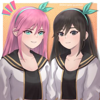  2girls alternate_hair_color artist_name aubrey_(faraway)_(omori) aubrey_(omori) black_eyes black_hair blue_eyes blue_hairband breasts cleavage collarbone double-parted_bangs emergencysundae grin hair_between_eyes hairband highres jacket long_hair looking_at_viewer medium_breasts multiple_girls omori open_clothes open_jacket open_mouth parted_lips pink_hair sidelocks smile teeth white_jacket 