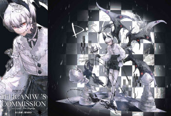  1boy absurdres animal_ears ankle_strap arm_behind_back artist_name bat_boy bat_ears bat_wings black_background black_gloves black_hair black_halo black_shirt black_shoes black_shorts black_wings bow broken checkered_background chess_piece chessboard chinese_commentary colored_tips commentary_request commission extra_ears eyes_on_wings fang frilled_shirt_collar frills full_body glasgow_smile glitch gloves gradient_hair hair_between_eyes half_gloves halo halo_removed hat hat_ribbon high-waist_shorts highres jacket jigsaw_puzzle lace lapels leaning_forward long_sleeves looking_at_viewer male_focus multicolored_hair multiple_wings neck_ribbon original outstretched_hand pantyhose parted_lips pelicaninwave puffy_long_sleeves puffy_sleeves puzzle red_eyes ribbon shirt shoes short_hair shorts sideways_glance skin_fang smile smirk solo standing two-tone_hair waist_bow watermark watermark_grid white_bow white_hair white_jacket white_pantyhose wings zoom_layer 