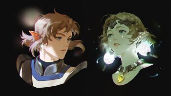  1boy 1girl black_background blonde_hair blue_eyes braid closed_mouth cropped_head crown_braid earrings green_eyes highres jewelry link m88km88k magatama magatama_necklace necklace nintendo parted_lips pendant_choker pointy_ears ponytail princess_zelda short_hair sidelocks the_legend_of_zelda the_legend_of_zelda:_tears_of_the_kingdom upper_body 