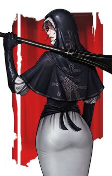  1girl ass black_bodice black_capelet black_gloves black_hood capelet commentary cowboy_shot dress elden_ring elden_ring_nightreign english_commentary flanged_mace from_behind gloves highres holding holding_mace holding_weapon looking_back mace nun orianna_(bufforianna) over_shoulder pantylines parted_lips red_eyes signature simple_background solo undertaker_(elden_ring) weapon weapon_over_shoulder white_coif white_dress 