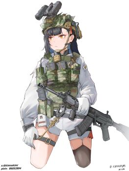  1girl absurdres ammunition_pouch armor assault_rifle camouflage combat_helmet combat_knife commentary_request girls'_frontline girls'_frontline_2:_exilium gun helmet highres kimnokimi knife military_combat_uniform military_fatigues military_uniform orange_eyes people's_liberation_army pouch qbz-191 qbz-191_(girls'_frontline) qiongjiu_(girls'_frontline_2) rifle soldier weapon 