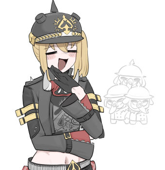  1girl 3boys belt black_gloves black_jacket blonde_hair blush closed_mouth gloves helmet highres jacket laughing long_hair luciana_de_montefio mata_(matasoup) midriff multiple_boys ojou-sama_pose open_clothes open_jacket pig side_ponytail zenless_zone_zero 