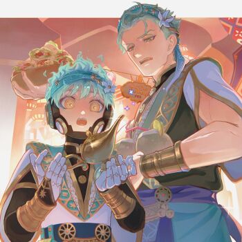  2boys ajinori_s1 arabian_clothes blue_eyeshadow bracelet child clothed_robot coconut coconut_cup commentary_request doner_kebab eyeshadow fangs fiery_hair food fruit_as_cup gold green_eyes green_eyeshadow green_hair highres holding holding_plate humanoid_robot jewelry looking_at_another makeup male_focus mechanical_hands metal_skin middle_eastern_architecture multiple_boys oil_lamp ortho_shroud plate robot robot_boy scalding_sands'_al'ab_nariya sebek_zigvolt sign sparkle toned toned_male twisted_wonderland yellow_eyes 