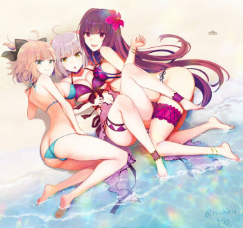  3girls ass bad_id bad_pixiv_id barefoot beach bikini blonde_hair blue_bikini borrowed_design breasts butt_crack cleavage commentary_request day fate/grand_order fate_(series) flower girl_sandwich hair_flower hair_ornament jeanne_d'arc_(fate) jeanne_d'arc_alter_(avenger)_(fate) jeanne_d'arc_alter_(fate) jeanne_d'arc_alter_(seaside_sunset)_(fate) large_breasts long_hair looking_at_viewer multiple_girls nichiru ocean okita_souji_(fate) okita_souji_(koha-ace) purple_hair sandwiched scathach_(fate) scathach_(fate/grand_order) scathach_(swimsuit_assassin)_(fate) short_hair soaking_feet summer swimsuit thigh_strap yellow_eyes  rating:Explicit score:20 user:danbooru