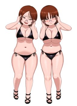  2girls adjusting_eyewear bikini black_bikini black_sandals blush breasts brown_eyes brown_hair cleavage glasses kamisuki large_breasts medium_breasts muffin_top multiple_girls navel open_mouth original plump sandals short_hair siblings side-tie_bikini_bottom sisters skindentation smile standing swimsuit twins white_background 