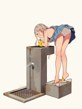 1girl absurdres bare_shoulders bent_over blonde_hair blue_eyes commentary commentary_request drinking drinking_fountain english_commentary faucet faux_figurine feet female_focus flat_chest from_behind full_body highres kneepits loli long_hair mixed-language_commentary muk_(monsieur) nina_(tiny_evil) nipples open_mouth panties pantyshot profile sandals scrunchie signature simple_background skirt skirt_set sleeveless solo tiny_evil tiptoes underwear water white_background white_panties wrist_scrunchie yellow_scrunchie rating:Questionable score:714 user:danbooru