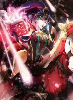  1girl 1other absurdres arete_(fire_emblem) barding blue_eyes bodystocking book breasts fire_emblem fire_emblem_cipher fire_emblem_fates fuyuzora_minori highres holding holding_book horse horseback_riding looking_at_viewer mature_female medium_breasts nintendo official_art open_book riding third-party_source yellow_eyes 