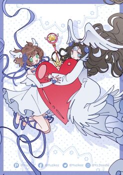 2girls blue_border border cardcaptor_sakura child commentary_request cross-laced_clothes cross-laced_legwear dress facebook_username green_eyes heart highres holding holding_wand hoshi_no_tsue instagram_username kinomoto_sakura long_hair long_sleeves multiple_girls nothing_(clow_card) smile twitter_username very_long_hair wand white_dress yuzikoz_mega