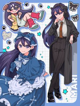  1girl black_bow black_eyes black_hair black_pants black_shoes blue_bow blue_capelet blue_dress blush bone_hair_ornament bow breasts bright_pupils bygone_days_(e.g.o) capelet chibi closed_mouth coat collared_shirt cosplay double-parted_bangs dress e.g.o_(project_moon) frills hair_between_eyes hair_bow hair_ornament hairband harpae harpae_(cosplay) highres hololive inugami_korone inugami_korone_(cosplay) ishmael_(project_moon) ishmael_(project_moon)_(cosplay) limbus_company long_hair long_sleeves looking_at_viewer mari_(faraway)_(omori) mari_(omori) maromichan necktie necktie_tucked_into_waistband omori one_eye_closed orange_necktie pants pinstripe_coat pinstripe_pants pinstripe_pattern pocket_mirror project_moon red_socks second-party_source shirt shoes small_breasts smile socks solo striped_clothes striped_coat striped_pants vertical-striped_clothes vertical-striped_coat vertical-striped_pants vertical-striped_suit virtual_youtuber white_pupils white_shirt 