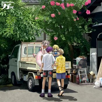  1girl 3boys alternate_costume black_sandals blonde_hair blue_shorts commentary double_bun flip-flops flower full_body fura_kanato gatai_(gatatanobaba) green_eyes hair_between_eyes hair_bun hand_on_own_hip hawaiian_shirt highres holding holding_swim_ring innertube kei_truck looking_at_another makaino_ririmu motor_vehicle multicolored_hair multiple_boys nijisanji open_mouth outdoors pink_eyes pink_flower pink_sandals print_shorts purple_hair sandals shirt short_sleeves shorts smile socks standing streaked_hair swim_ring tree truck untranslatable_commentary uzuki_kou virtual_youtuber watarai_hibari white_shirt white_socks yellow_shirt 