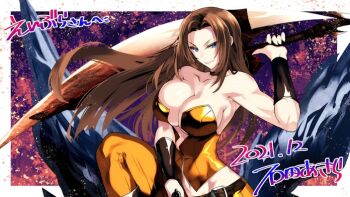 1girl bare_shoulders black_choker breasts choker cleavage closed_mouth collarbone commission devil_may_cry_(series) gun handgun holding holding_gun holding_sword holding_weapon ishida_akira large_breasts long_hair looking_at_viewer marvel_vs._capcom navel skeb_commission smile solo sparda_(sword) sword trish_(devil_may_cry) weapon 