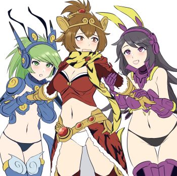  3girls :d animal_ear_headphones animal_ears animal_print black_hair black_panties blue_gloves breasts brown_eyes brown_hair cleavage commentary_request d4vcmk fake_animal_ears gloves green_eyes green_hair headphones highres holding_another's_arm kuu_(nyanko_daisensou) long_hair multiple_girls navel nyanko_daisensou open_mouth panties purple_eyes purple_gloves smile stomach thighhighs thundia_(nyanko_daisensou) tiger_print underwear white_panties windy_(nyanko_daisensou) yellow_gloves 