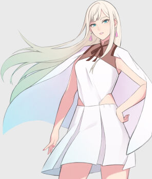  1girl blonde_hair clothing_cutout cowboy_shot earrings gigi_andalusia green_eyes gundam gundam_g_no_reconguista gundam_hathaway's_flash highres hip_vent jewelry konishiki_(52siki) long_hair looking_at_viewer parted_lips skirt solo teeth triangle_earrings white_skirt 