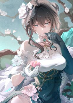  1girl aqua_eyes asymmetrical_gloves black_hair bow branch breasts commentary_request dress fishnet_veil floral_print flower food gem gloves highres holding holding_food honkai:_star_rail honkai_(series) long_hair medium_breasts mimisuke37 mismatched_gloves multicolored_hair off_shoulder official_alternate_costume pastry plum_blossoms ruan_mei_(honkai:_star_rail) ruan_mei_(plumblossom_letter)_(honkai:_star_rail) streaked_hair two-tone_dress uneven_gloves 