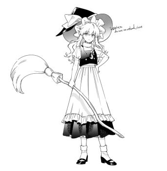  1girl apron braid broom buttons commentary frilled_apron frills full_body greyscale hand_on_own_hip hat hat_ribbon holding holding_broom kirisame_marisa light_frown long_hair looking_at_viewer monochrome natsume_(menthol) petticoat puffy_short_sleeves puffy_sleeves ribbon shoes short_sleeves single_braid skirt socks solo touhou vest watermark white_background witch_hat 