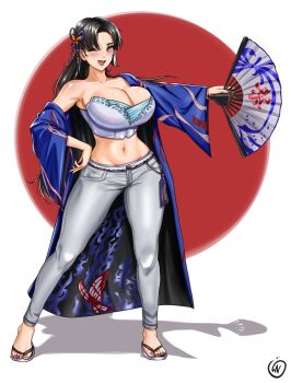  1girl animal_print bare_shoulders black_hair blue_robe breasts brown_eyes butterfly_print commentary commission english_commentary fatal_fury full_body hair_ornament hand_fan highres huge_breasts long_hair long_sleeves looking_at_viewer midriff navel official_alternate_costume official_alternate_hairstyle one_eye_closed open_clothes open_mouth open_robe pants robe sandals shadow shiranui_mai signature solo standing strapless street_fighter street_fighter_6 tube_top very_long_hair waifuviolenta white_pants white_tube_top wide_sleeves 