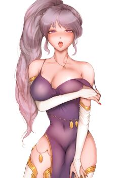 1girl bare_shoulders blush breasts cleavage elbow_gloves fire_emblem fire_emblem:_genealogy_of_the_holy_war gloves highres ishtar_(fire_emblem) jtaka large_breasts long_hair looking_at_viewer midriff nail_polish nintendo nipples open_mouth ponytail purple_eyes red_nails see-through_clothes side_ponytail thighs tongue tongue_out undressing rating:Questionable score:40 user:danbooru
