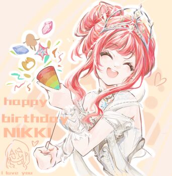  1girl ^_^ armor blue_gemstone breastplate character_name chinese_commentary closed_eyes collar commentary_request confetti cropped_torso detached_collar dot_nose dress english_text eyelashes frilled_arm_warmers gem hair_bun half_updo happy happy_birthday heart holding holding_party_popper infinity_nikki lace_collar melody_bloom_(infinity_nikki) momo_(nikki) nikki_(nikki) nikki_(series) off-shoulder_dress off_shoulder open_mouth outline party_popper piecey pink_gemstone pink_hair prprpr short_hair_with_long_locks short_sleeves sidelocks single_hair_bun smile solo striped_background teeth tiara upper_teeth_only wavy_hair whimstar_(infinity_nikki) white_arm_warmers white_collar white_dress white_outline yellow_background 