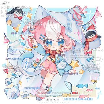  1girl :3 animal_ears artist_name banner bird blue_bow blue_eyes blue_jacket blue_shirt blue_sleeves blush_stickers border bow bowtie cat_ears cat_tail chibi closed_mouth cloud eyelashes flower food footwear_bow full_body hair_ornament hairclip hat highres jacket long_sleeves looking_at_viewer maguaxiaoxingqiu miniskirt multicolored_hair onigiri open_clothes open_jacket original penguin pennant pink_bow pink_flower pink_hair pink_skirt pink_socks plaid_clothes plaid_scarf pom_pom_(clothes) red_bow red_scarf sample_watermark scarf shirt short_hair shorts skirt smile socks solo sparkle star_(symbol) string_of_flags striped_clothes tail thick_eyebrows too_many_watermarks watermark weibo_username weibo_watermark white_hair white_socks yellow_bow yellow_flower 