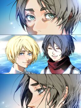  1girl 2boys armin_arlert black_hair blonde_hair blue_eyes brown_hair closed_eyes closed_mouth collared_shirt commentary_request eren_yeager green_eyes hair_between_eyes haku_mik highres looking_at_another mikasa_ackerman multiple_boys ocean parted_bangs parted_lips red_scarf scarf shingeki_no_kyojin shirt short_hair smile upper_body white_shirt 