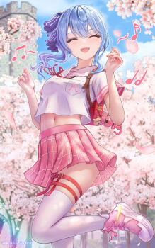 1girl absurdres alternate_costume backpack bag blue_hair breast_pocket breasts cherry_blossoms closed_eyes commentary cosplay crop_top crop_top_overhang day facing_viewer gradient_hair hair_ribbon hands_up highres hololive hoshimachi_suisei leg_up long_hair midriff miniskirt multicolored_hair musical_note navel open_mouth outdoors pink_shoes pink_skirt plaid_clothes plaid_skirt pleated_skirt pocket randoseru revision ribbon sailor_collar sakura_miko sakura_miko_(cosplay) sakura_miko_(school_uniform) school_uniform serafuku shirt shoes short_sleeves side_ponytail skirt sky smile sneakers solo stomach thigh_strap thighhighs virtual_youtuber wajuniorbox white_shirt white_thighhighs zettai_ryouiki 