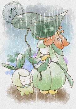  baya_(sakura_mint) blush closed_eyes full_body gen_5_pokemon highres holding holding_leaf leaf leaf_umbrella lilligant monster_girl nintendo no_mouth petilil plant_girl pokemon pokemon_(creature) pokemon_focus rain standing twitter_username 
