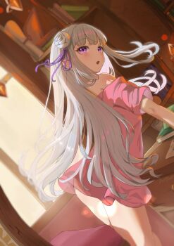  1girl absurdres against_desk alternate_costume arm_support ass_peek blunt_bangs blush bookshelf chair commentary_request desk dutch_angle elf emilia_(re:zero) feet_out_of_frame floating_hair flower from_side grey_hair hair_ribbon highres indoors justjast leaning_forward long_hair looking_at_viewer looking_back no_pants off_shoulder open_mouth pink_shirt pointy_ears purple_eyes purple_ribbon re:zero_kara_hajimeru_isekai_seikatsu ribbon rose shirt short_sleeves signature solo standing thighs white_flower white_rose window 