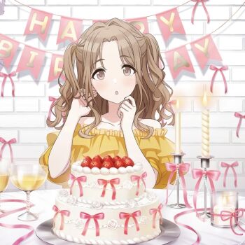 1girl brick_wall brown_eyes brown_hair cake candle cup drinking_glass english_text fire food forehead fruit happy_birthday ichikawa_hinana idolmaster idolmaster_shiny_colors liquid official_art open_mouth plate ribbon solo strawberry table twintails wine_glass