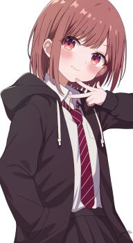  1girl black_skirt blush brown_hair collared_shirt commentary_request cowboy_shot drawstring hand_up highres hood hood_down hoodie long_sleeves necktie open_clothes open_hoodie orange_eyes original parted_lips pleated_skirt red_necktie school_uniform shirt short_hair signature simple_background skirt smile solo striped_necktie uru_aoi23 w white_background white_shirt 