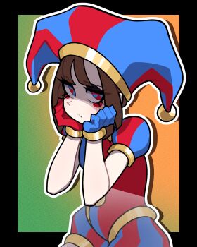  1girl absurdres asymmetrical_gloves dentures gloves hat hat_bell highres jester jester_cap jester_costume mismatched_gloves muds multicolored_eyes multicolored_hat pomni_(the_amazing_digital_circus) squiggle_eyes striped_clothes striped_headwear the_amazing_digital_circus two-tone_eyes vertical-striped_bodysuit vertical-striped_clothes vertical-striped_headwear  rating:General score:20 user:danbooru