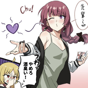  2girls alcohol blonde_hair bocchi_the_rock! collar earrings hair_ornament highres hiroi_kikuri ijichi_seika jewelry multiple_girls nail_polish red_eyes sweatdrop translation_request  rating:General score:10 user:Haruki1995