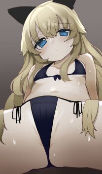 1girl animal_ears bikini black_bikini blonde_hair blue_eyes blush bow cat_ears cat_girl closed_mouth helma_lennartz izuoku loli long_hair looking_at_viewer solo spread_legs strike_witches:_suomus_misfits_squadron sweat swimsuit world_witches_series  rating:Sensitive score:34 user:CunnyInc