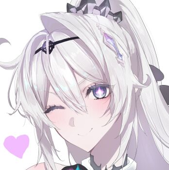  1girl ;) ahoge blue_eyes blush bright_pupils collar commentary_request fuahina hair_between_eyes hair_intakes headband heart high_ponytail highres honkai_(series) honkai_impact_3rd kiana_kaslana kiana_kaslana_(herrscher_of_finality) long_hair one_eye_closed ponytail sidelocks smile symbol-shaped_pupils tiara white_hair 