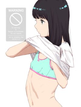  1girl adversarial_noise black_eyes black_hair bra closed_mouth flat_chest green_bra highres kbrg loli long_hair looking_ahead navel original paid_reward_available pink_trim ribs shirt short_sleeves simple_background solo t-shirt training_bra underwear undressing upper_body watermark white_background white_shirt 