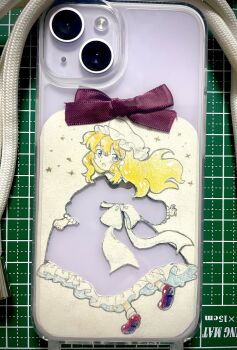  1girl back_bow blonde_hair blue_eyes blush bow cellphone commentary_request cutting_mat dress hat highres iphone iphone_13 long_hair long_sleeves looking_back maribel_hearn minus_(sr_mineka) mob_cap open_mouth papercraft petticoat phone photo_(medium) purple_bow purple_dress red_shoes rope shoes smartphone socks solo star_(symbol) touhou traditional_media white_socks 