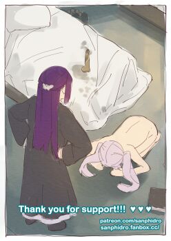  2girls after_masturbation all_fours anal_beads angry artist_name bed black_coat book coat commentary completely_nude dildo dogeza dress english_commentary english_text fern_(sousou_no_frieren) frieren grey_hair hands_on_own_hips highres indoors long_hair long_sleeves multiple_girls naked_dogeza nashidrop nude pillow purple_hair pussy_juice pussy_juice_stain sex_toy sketch sousou_no_frieren twintails watermark web_address white_dress 