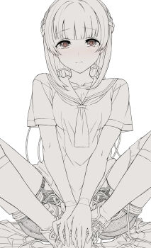  1girl android android_girl_kotomi blunt_bangs blush braid brown_eyes butterfly_sitting cable collarbone embarrassed greyscale half_up_braid highres itou_(onsoku_tassha) joints kneehighs looking_at_viewer mechabare medium_hair monochrome neckerchief original panties panties_around_leg robot_joints sailor_collar school_uniform seams serafuku shirt shoes short_sleeves simple_background sitting skirt socks solo spot_color straight-on underwear unfinished unworn_skirt v_arms white_background 