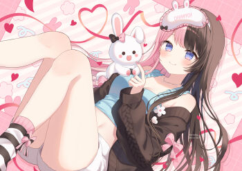  1girl black_hair black_jacket blue_camisole bow bow_legwear camisole closed_mouth commentary_request highres jacket knees_up long_hair long_sleeves looking_at_viewer midriff multicolored_hair navel open_clothes open_jacket pink_bow pink_hair pink_nails shiino_sera short_shorts shorts sitting smile socks split-color_hair striped_clothes striped_socks stuffed_animal stuffed_rabbit stuffed_toy tachibana_hinano two-tone_hair virtual_youtuber vspo! white_shorts 