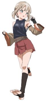  1girl barefoot black_gloves commentary_request feet fingerless_gloves full_body gloves hair_tie highres jacket looking_at_viewer miniskirt open_mouth original pleated_skirt red_skirt riokasen short_hair skirt sleeveless socks solo standing standing_on_one_leg stirrup_legwear toeless_legwear toes turtleneck white_background 