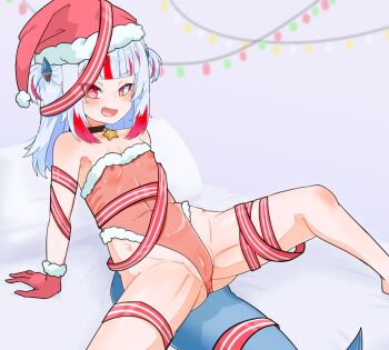  1girl arm_support armpits bed black_choker blue_hair blush breasts cameltoe choker christmas christmas_lights fins fish_tail from_side fur_trim gawr_gura gills gloves hair_ornament hat hololive leaning_back leotard loli looking_at_viewer moral_cacoethes multicolored_hair nipples on_bed open_mouth pussy red_eyes red_gloves ribbon santa_hat see-through_clothes shark_girl shark_hair_ornament shark_tail sharp_teeth short_twintails sitting small_breasts solo spread_legs streaked_hair tail teeth twintails uncensored upper_teeth_only virtual_youtuber 
