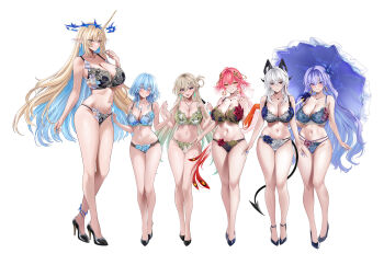  6+girls bare_legs bare_shoulders black_bra black_horns black_panties black_shoes blonde_hair blue_bra blue_flower blue_hair blue_panties blush bra breasts cantarella_(wuthering_waves) changli_(wuthering_waves) cleavage closed_mouth collarbone commentary crown_of_thorns curled_horns earrings fleurdelys_(wuthering_waves) flower green_bra green_panties grey_hair hair_between_eyes hair_flower hair_ornament hand_up hashtag-only_commentary height_difference high_heels highres holding holding_umbrella horns huge_breasts jewelry large_breasts legs long_hair long_horns looking_at_viewer lynae_(wuthering_waves) m_(1n910) multiple_girls navel necklace open_mouth panties parasol pink_hair pointy_ears purple_hair shoes shorekeeper_(wuthering_waves) simple_background single_horn smile standing stomach thighs umbrella underwear underwear_only very_long_hair white_background wuthering_waves yellow_horns zani_(wuthering_waves) 