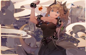  1girl :p armlet black_collar black_dress blonde_hair blue_eyes bowsette bracelet bras_d'honneur breasts breath_weapon breathing_fire closed_mouth collar commentary_request crown dress duplicate earrings fire horns jewelry kawacy looking_at_viewer mario_(series) new_super_mario_bros._u_deluxe nintendo partial_commentary pointy_ears smile solo spiked_armlet spiked_bracelet spiked_shell spiked_tail spikes strapless strapless_dress super_crown tail tongue tongue_out turtle_shell 