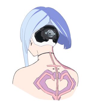  1girl asymmetrical_bangs asymmetrical_hair back_tattoo black_background concept_art cyberpunk:_edgerunners cyberpunk_(series) cyborg eyeliner from_behind highres lucy_(cyberpunk) makeup multicolored_hair official_art orange_hair parted_lips pink_hair rainbow_hair red_eyeliner short_hair_with_long_locks simple_background subdermal_port tattoo topless_female upper_body white_background yoshinari_you 