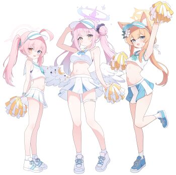 3girls absurdres ahoge alternate_hairstyle angel_wings animal_ear_fluff animal_ears arm_up blue_archive blue_eyes blue_footwear blush breasts cat_ears cheering cheerleader closed_mouth double_bun feathered_wings flower full_body hair_between_eyes hair_bun hair_flower hair_ornament halo heterochromia highres holding holding_pom_poms hoshino_(blue_archive) large_breasts long_hair looking_at_viewer mari_(blue_archive) mika_(blue_archive) multiple_girls navel nonddu open_mouth orange_hair pink_hair pink_halo pleated_skirt pom_pom_(cheerleading) pom_poms revision sailor_collar shoes simple_background skirt sleeveless small_breasts smile socks twintails underboob white_background white_flower white_footwear white_sailor_collar white_skirt white_socks white_wings wings yellow_eyes yellow_halo rating:Sensitive score:60 user:danbooru