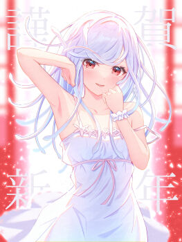 1girl albino arm_up armpits bakemonogatari bare_shoulders blurry blurry_background blush chinese_zodiac collarbone commentary_request cowboy_shot depth_of_field dress highres long_hair looking_at_viewer monogatari_(series) new_year parted_lips pink_ribbon red_eyes ribbon sengoku_nadeko sleeveless sleeveless_dress smile snake_hair solo sundress swept_bangs toki_(toki_ship8) white_dress white_hair wristband year_of_the_snake rating:Sensitive score:10 user:danbooru