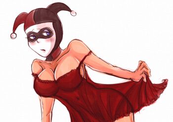  1girl bare_shoulders batman_(series) blue_eyes breasts cleavage dc_comics female_focus harley_quinn hat huge_breasts jester_cap lingerie mask no_panties see-through_clothes solo underwear yamaneko_tora 